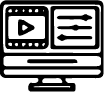 Icon of a computer monitor displaying a multimedia interface. The screen shows a play button on the left and three horizontal sliders representing settings or adjustments on the right. The design is outlined in black on a transparent background.