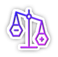 Illustration of a balance scale with two hexagonal pans. The left pan has a negative sign and is lower; the right pan has a positive sign and is higher. The scale is outlined in gradient colors of purple and blue on a black background.