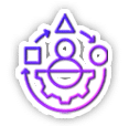 Abstract icon with a gradient outline of purple and blue. It features geometric shapes: a triangle, square, and circle, interconnected by arrows. A gear at the bottom symbolizes process or mechanism. Black background enhances the design.