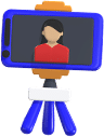 Illustration of a person with long dark hair and a red shirt on a smartphone screen, mounted on a blue tripod. Perfectly poised for video recording or a selfie, its an ideal setup for those interested in video editing or exploring white label content creation.