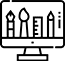 A computer monitor displaying icons of a pencil, brush, ruler, and paint drop, representing graphic design tools, in a minimalist black and white style.