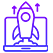 Icon of a rocket launching from a laptop screen, symbolizing technology and innovation. The rocket has upward arrows on either side, indicating progress or growth. The illustration is in a solid purple color.