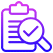 An icon showing a purple clipboard with a checklist, partially covered by a magnifying glass featuring a checkmark.