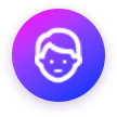 A circular icon with a gradient background of purple and blue. In the center, theres a simple white outline of a face with short hair.