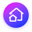 A circular icon with a gradient background of purple and blue. Inside, there are white outlines of two houses, one larger and one smaller, representing a home concept.