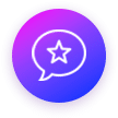 A round icon with a speech bubble containing a star in the center. The background is a gradient of pink and purple, with a dark purple border.