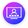 A purple circular icon with a gradient from dark to light purple. In the center, a white outline of a computer screen displays a generic user profile and four rectangular shapes below, resembling a video call interface.