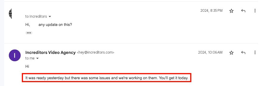Increditors client email convo