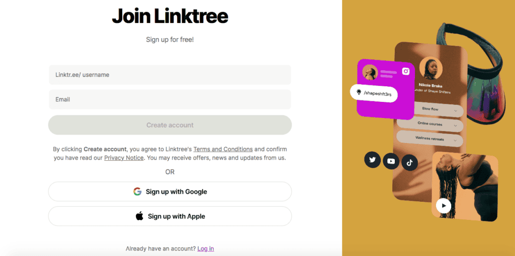 Linktree Sign Up page