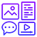 Four purple icons: a landscape picture, a document with lines, a speech bubble with ellipsis, and a play button on a rectangle, representing various media types.