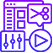 Icon depicting video editing elements including play button, timeline with sliders, and media icons, outlined in purple.