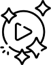 A black outlined play button inside a circle with sparkling stars around it, suggesting action or excitement.