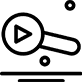 Icon of a magnifying glass with a play button inside, suggesting search video functionality. There are small circles around it, and it appears to be part of a user interface on a striped background.