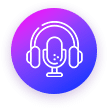 A round icon with a gradient background of pink and purple, featuring a white outline of a microphone surrounded by headphones.