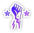 A purple gradient fist clenched in a symbol of power, with two lightning bolts beneath. Two stars flank the fist, one on each side. The design is outlined in white.