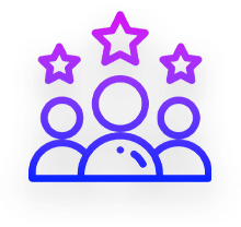 Three stylized human figures outlined in blue, with three purple stars above them, on a black background.