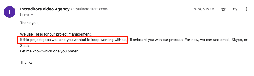 Increditors client email convo