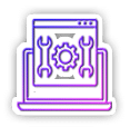 A laptop displaying a screen with two crossed wrenches and a gear icon. The image is outlined with a gradient of purple and pink colors.