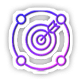 A neon gradient icon of a target with an arrow hitting the bullseye, surrounded by four circular nodes connected by lines. The colors transition from blue to purple.