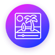 A circular icon with a purple gradient background features a white outline of a beach scene. It includes a sun, palm trees, and a surfboard, with a playback bar at the bottom, indicating a video or media file.
