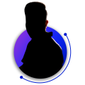 Untitled design Silhouette of a person with a tall hairstyle against a purple and blue gradient circular background, reminiscent of a video editing service logo, featuring a decorative arc with dots on its ends.