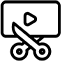 Icon depicting a video editing tool: a screen with a play button and a pair of scissors below, suggesting the concept of cutting or editing video content.