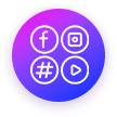 A circular icon with a purple gradient background features four symbols: a lowercase f for Facebook, a camera for Instagram, a hashtag, and a play button. The symbols are white and enclosed in circles arranged in a 2x2 grid.