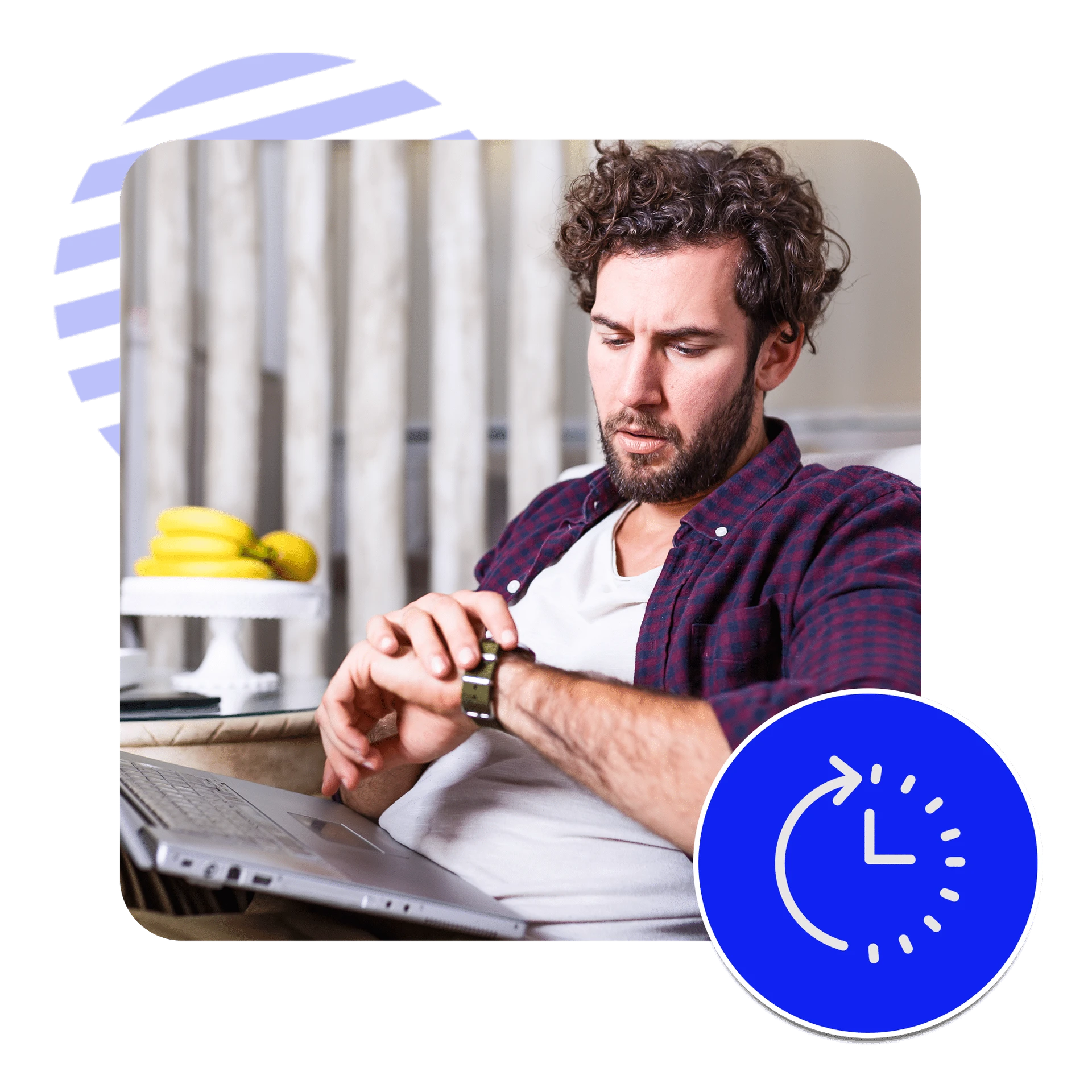 A man with curly hair sits with a laptop on his lap, glancing at his watch. A plate of bananas is visible in the background. A blue clock icon overlays the bottom right corner of the YouTube page image, which features a rounded border with blue graphic elements.