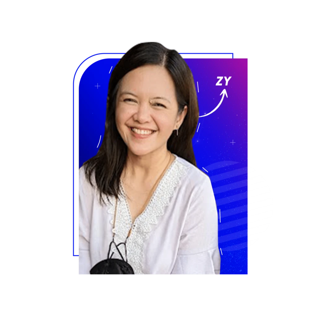 Smiling woman in a white blouse with black hair against a vibrant background with geometric shapes and the letters ZY.