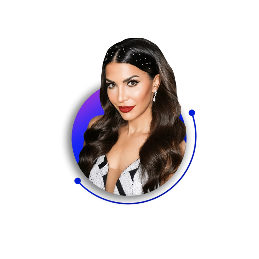 A talking head emerges with long wavy dark hair and red lipstick, adorned in a black and white outfit with pearl earrings. Her studded headband adds flair as she stands encircled by a blue gradient background and border.