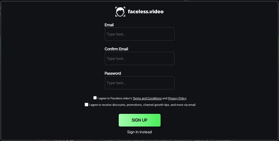 Faceless.video Sign up Page
