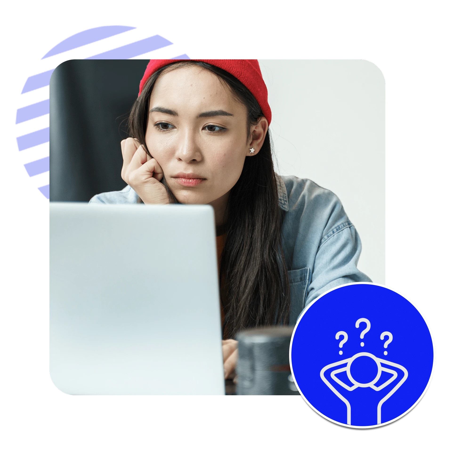A woman wearing a red beanie looks thoughtful as she stares at a YouTube page on her laptop screen. Theres a blue graphic icon in the lower right corner depicting a person with question marks above their head.