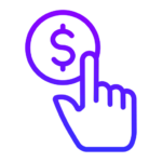 A purple outline of a hand with an extended index finger points towards a circle with a dollar sign inside, suggesting interaction with a financial concept. The image hints at the possibilities of white label solutions in digital transactions.
