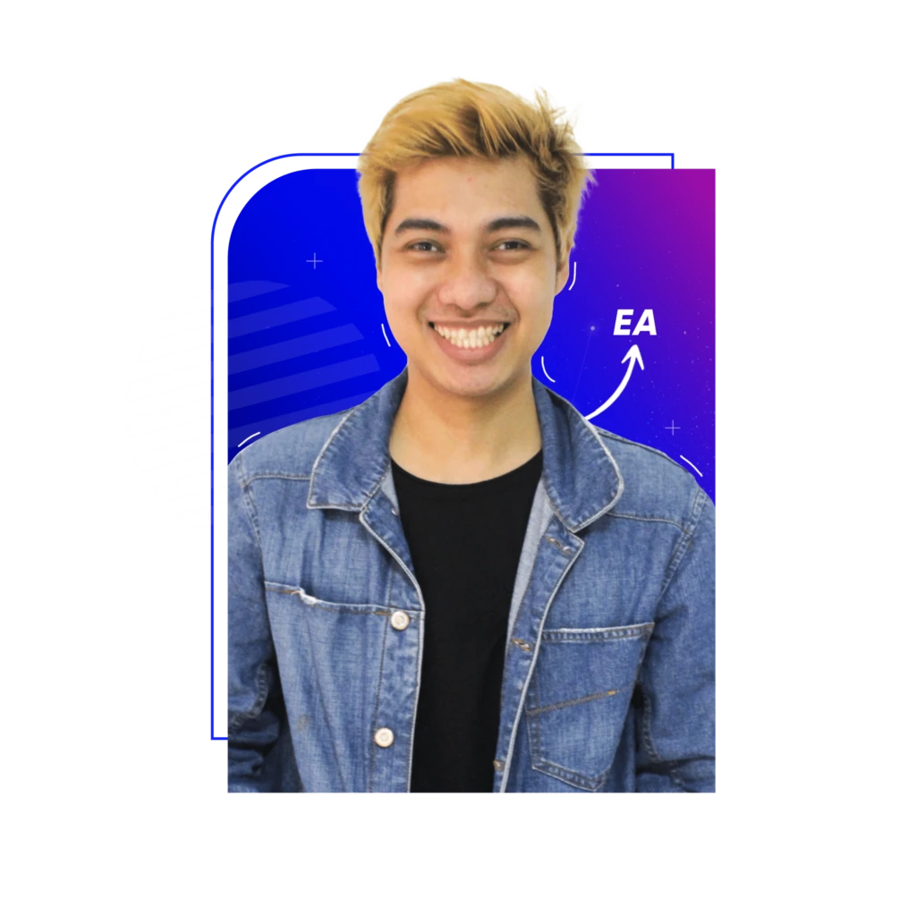 A person with short, blonde hair smiles at the camera. They are wearing a denim jacket over a black shirt. The background features a vibrant blue and purple gradient with abstract shapes.