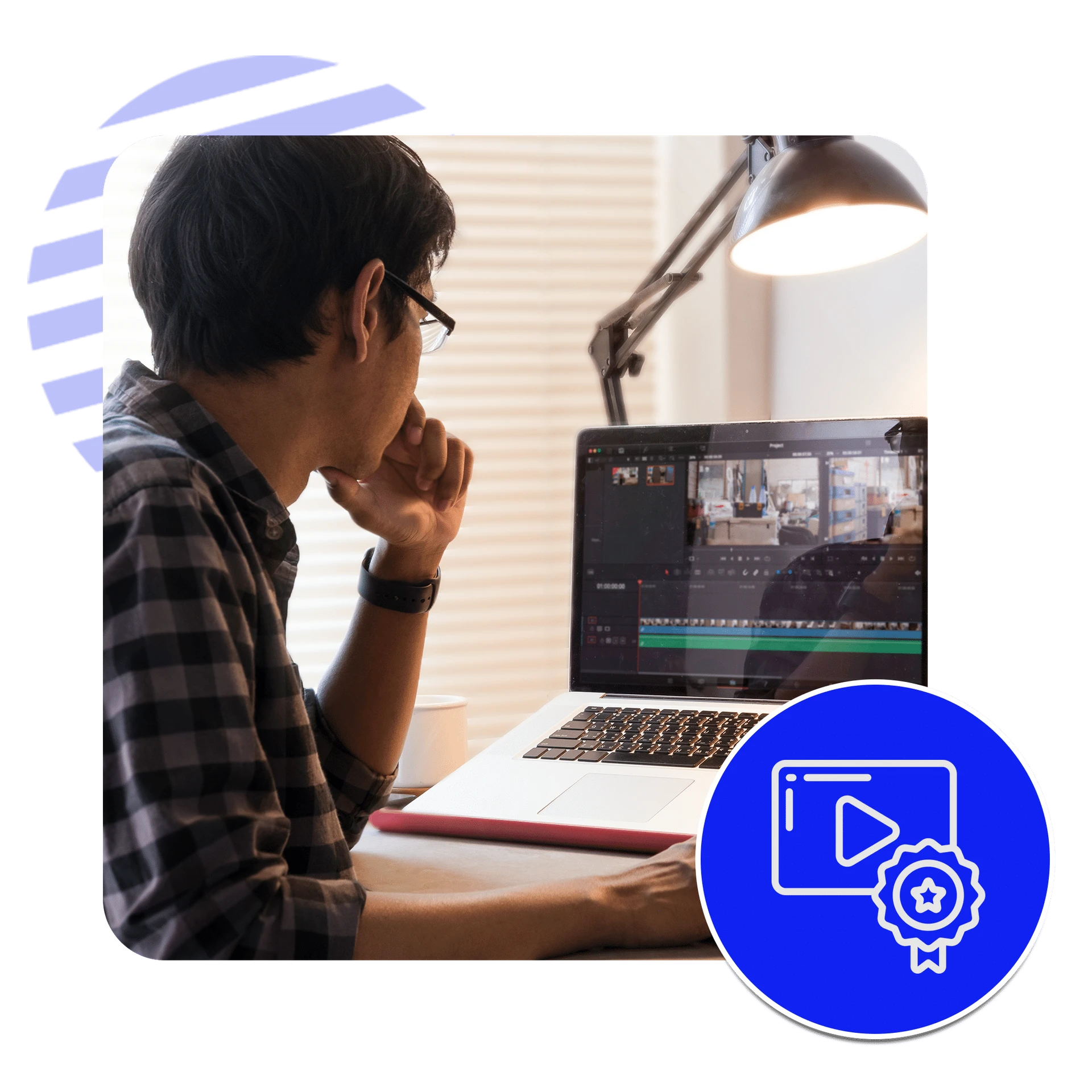 A person is seated at a desk, working on a laptop displaying video editing software, perfecting a YouTube page. A lamp provides light on the desk. In the corner, there is a badge icon symbolizing video excellence and SEO mastery.