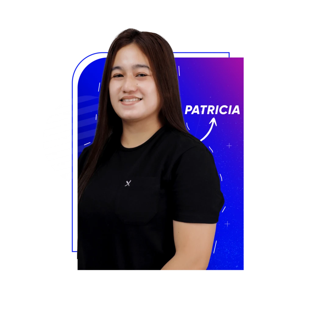 A person with long dark hair smiles, wearing a black shirt. The background features abstract shapes with a gradient from purple to blue. The name Patricia appears near them with an arrow pointing in their direction.