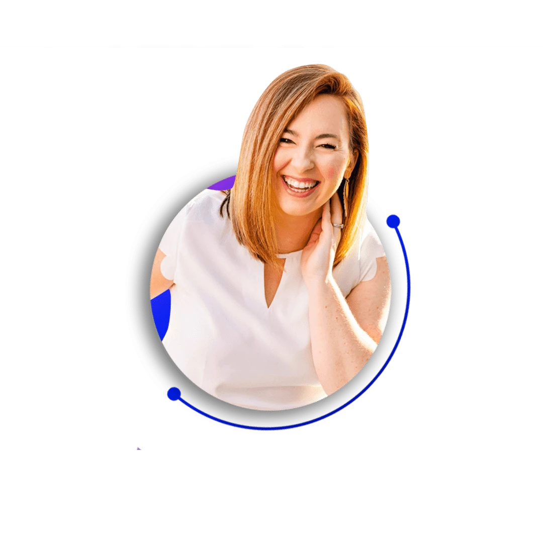 A smiling person with shoulder-length hair in a white shirt, casually touching their neck. The portrait, reminiscent of a talking head interview, is set against a striking white and blue circular graphic background.