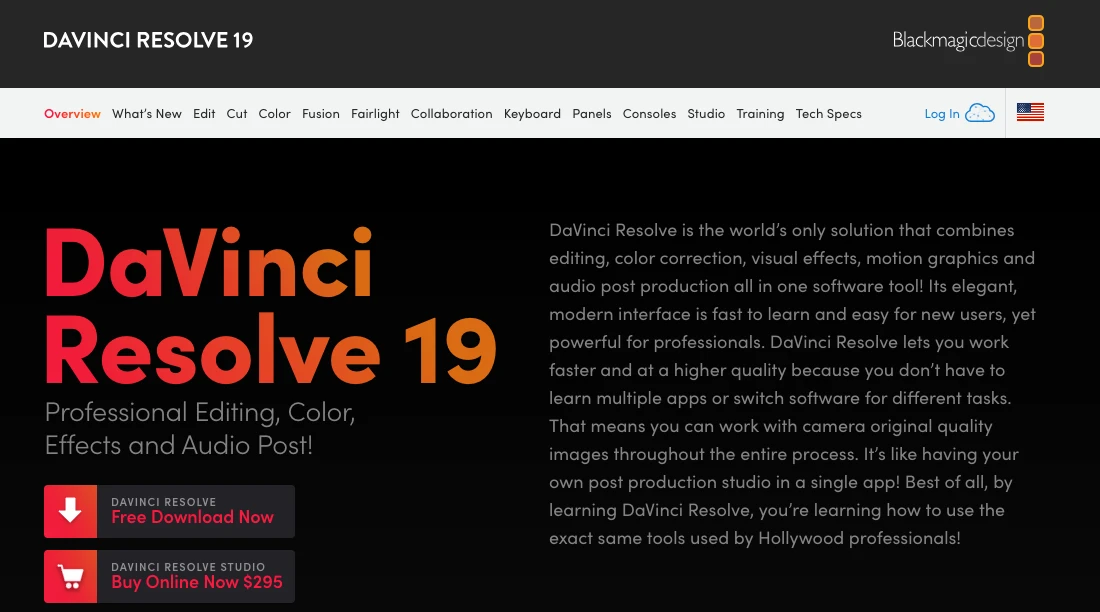DaVinci Resolve landing page
