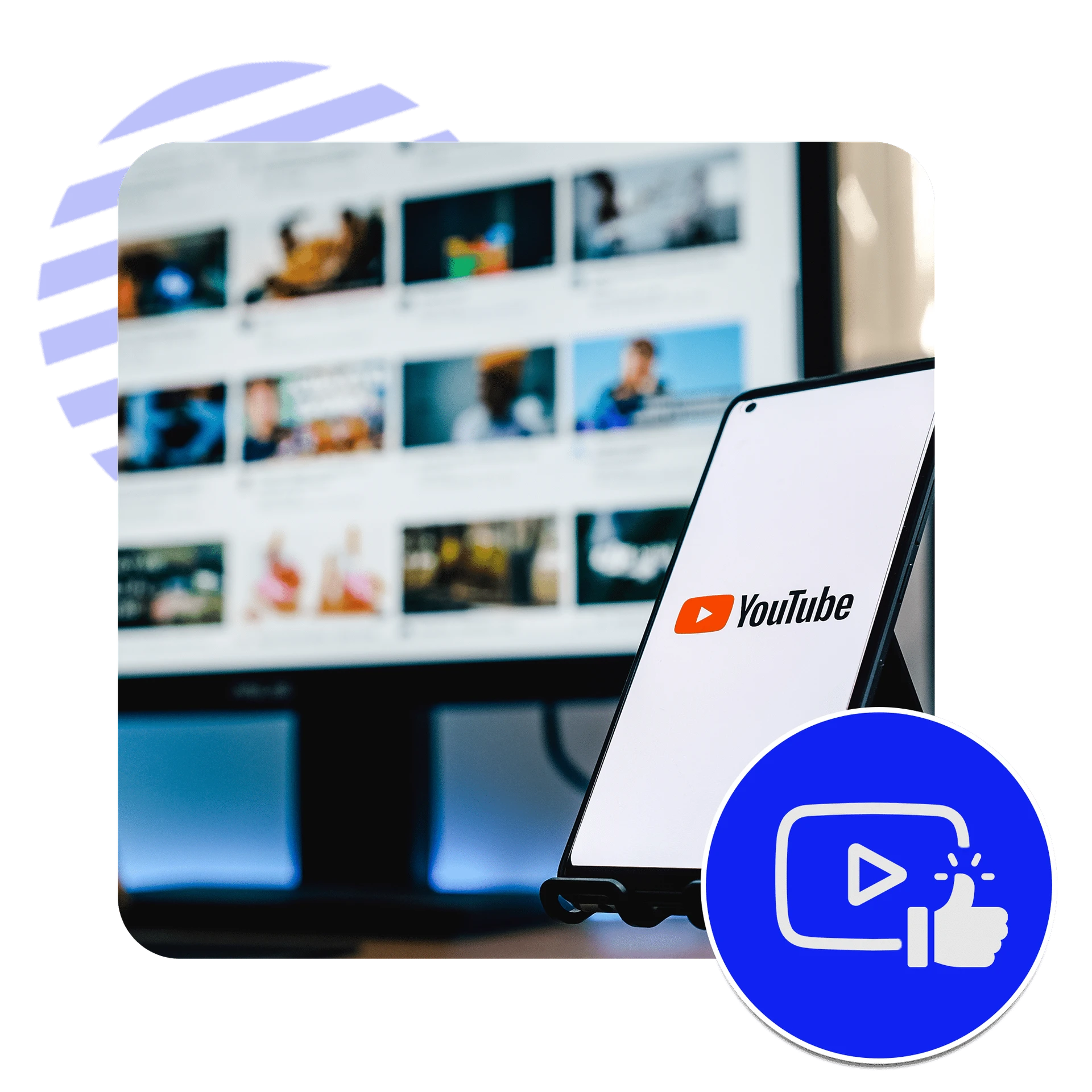 A smartphone displays the YouTube logo in front of a blurred page filled with video thumbnails. A blue icon, featuring a play button and thumbs-up symbol, is overlaid in the corner.