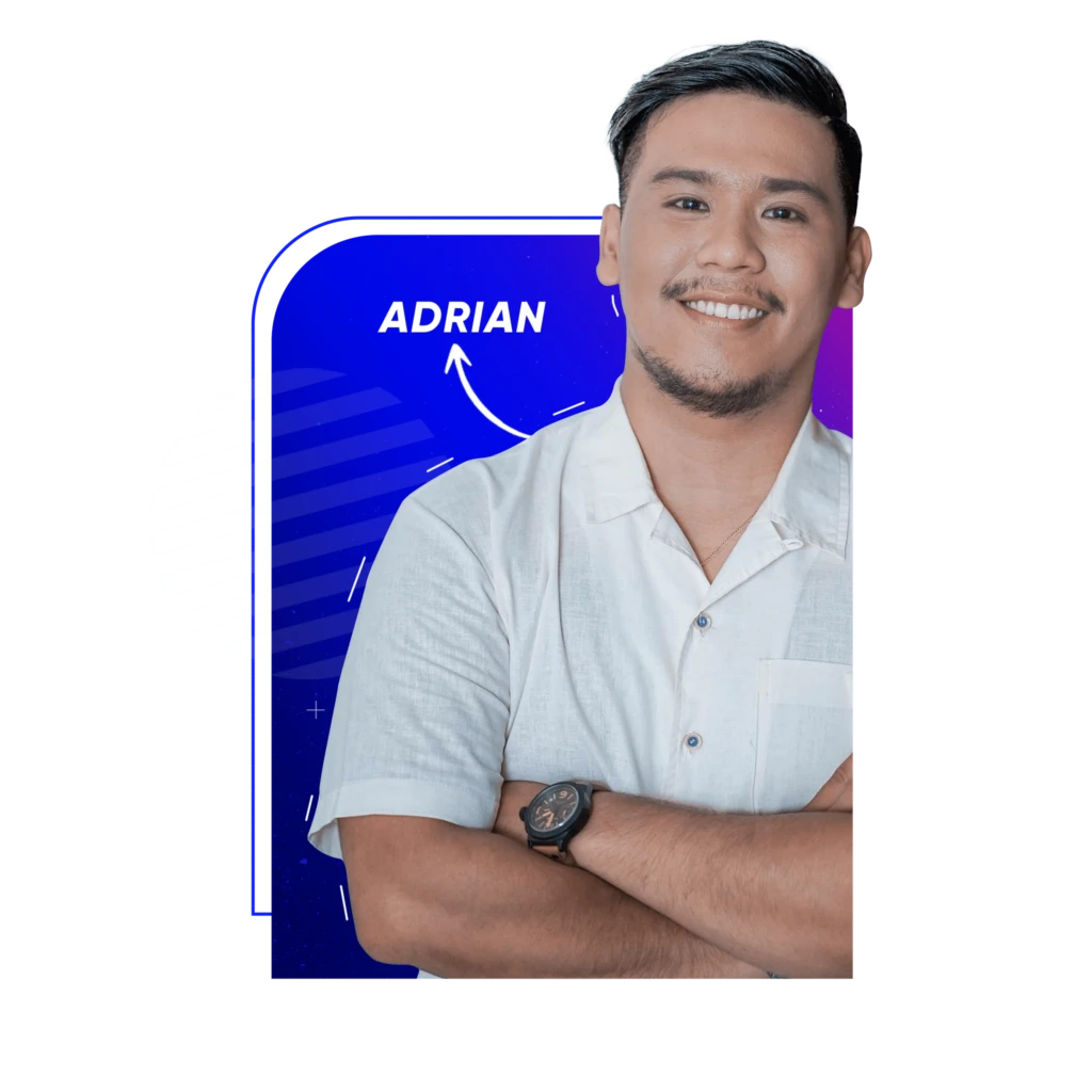 Person in a white shirt smiling with arms crossed, standing against a blue and purple graphic background with the name Adrian written above.