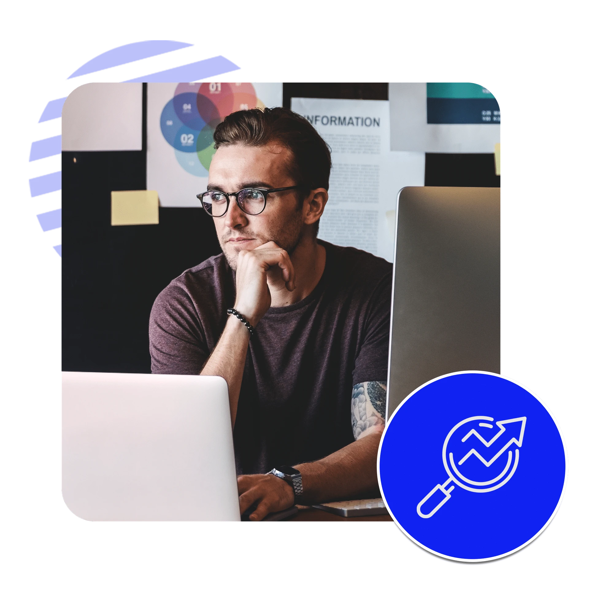 A person with glasses is sitting at a desk with laptops, looking thoughtful, as a business or data chart hangs on the wall behind. An upward-trending graph icon is overlaid like a YouTube play button in the bottom right blue circle.