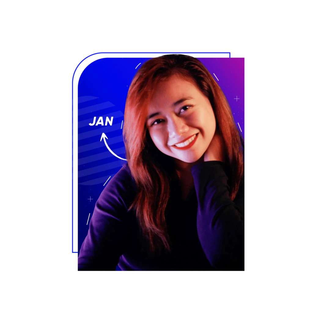 Smiling person with long hair in a dark shirt, posed against a vibrant purple and blue background with a geometric design and the word JAN prominently displayed.