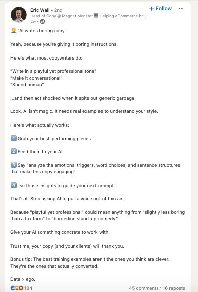 Eric Wall LinkedIn post