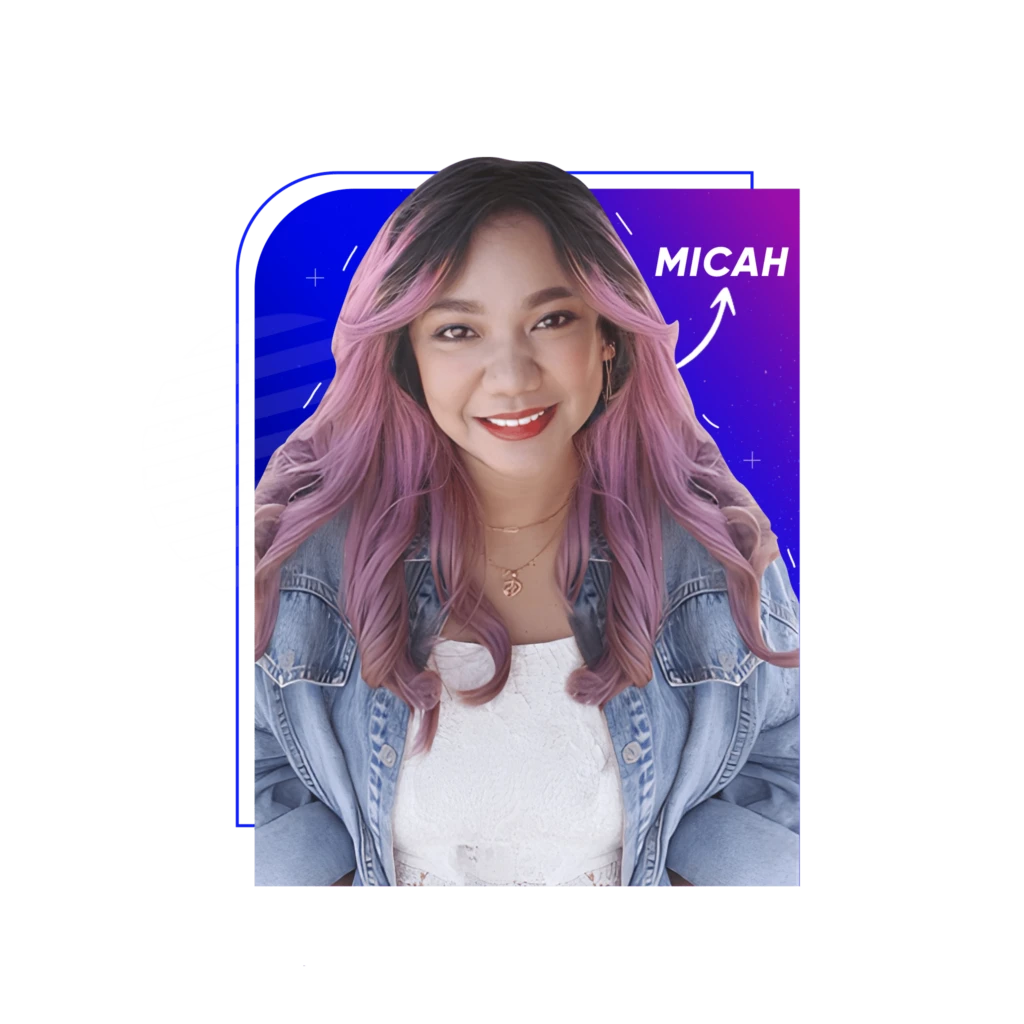 A woman with long, wavy hair dyed in shades of pink and purple, wearing a denim jacket over a white top. She is smiling against a purple and blue background with a zigzag pattern, arrows, and the name Micah.