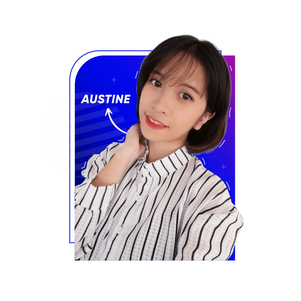 A person in a striped white and black shirt poses confidently against a vibrant blue and purple background. The background features a stylized design with the name Austine and decorative lines.