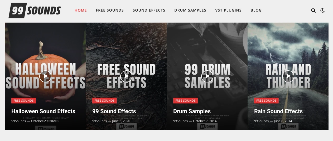 A website page displaying four sound effect categories: Halloween Sound Effects with a pumpkin, Free Sound Effects with a green tonal design, 99 Drum Samples with drumsticks, and Rain and Thunder with a stormy forest scene.