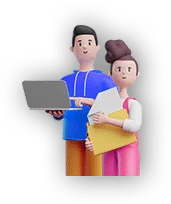 3D illustration of a man in blue holding a laptop and a woman in pink with documents, standing together and smiling, showcasing their expertise in video editing.