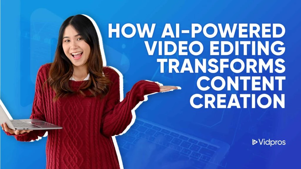woman holding a laptop with ai powered video editing screen