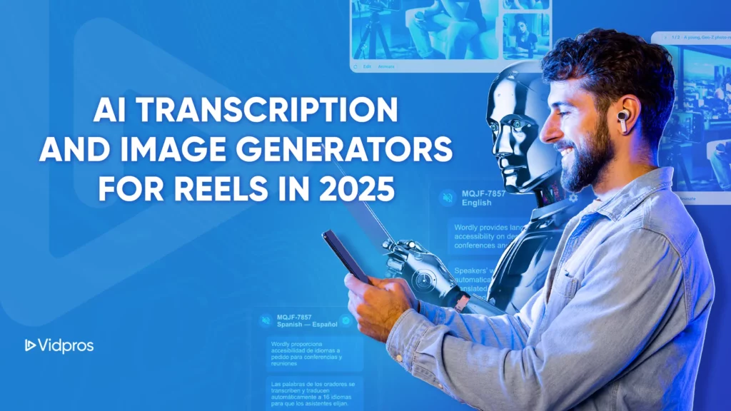 A man and an AI representing image with text that says AI transcription and image generators