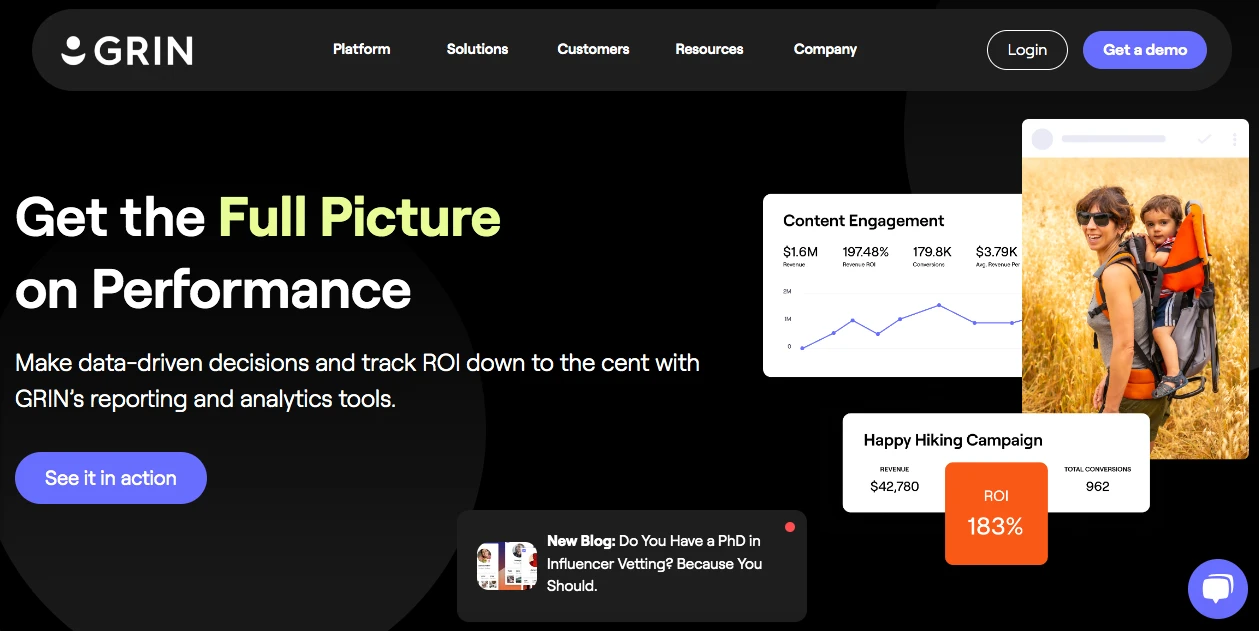 Promotional image for GRIN showcasing analytics tools with a woman hiking with a child in a backpack. Includes graphs for content engagement and ROI. Text reads, Get the Full Picture on Performance. Buttons for login, demo, and viewing are visible.